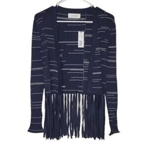 Yigal Azrouel Blue & White Striped Rib Cardigan with Fringe NEW